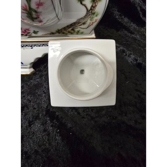 Franklin Mint Birds & Flowers Orient Teapot Square Ceramic Stand Gold Accents - Picture 8 of 10